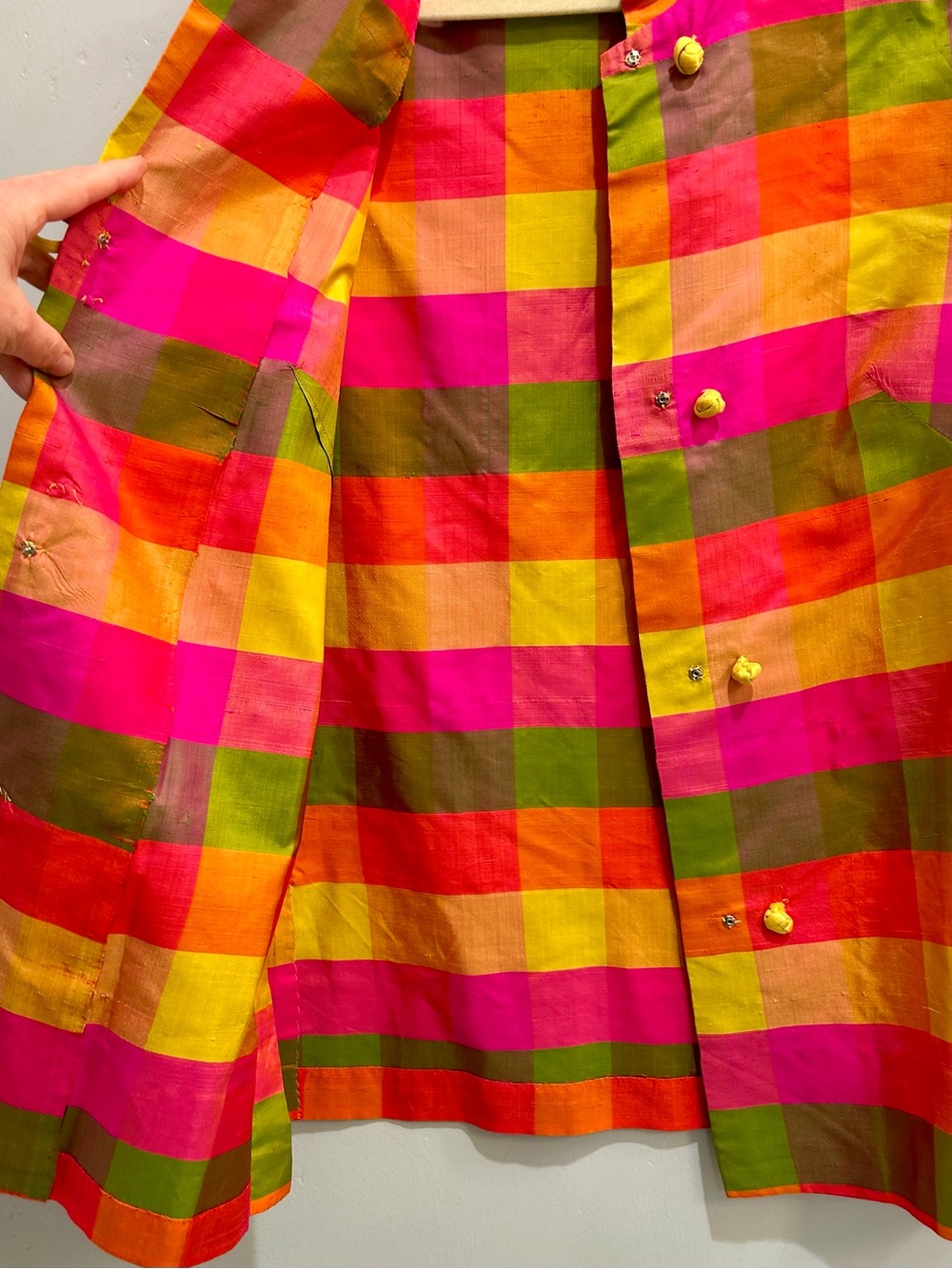 Vintage 60s Plaid Raw Silk Cheongsam Mandarin Collar Tunic Top Frog Closure - Picture 10 of 14